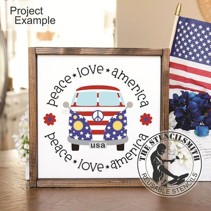 10039 Peace Love America Hippie Van Stencil