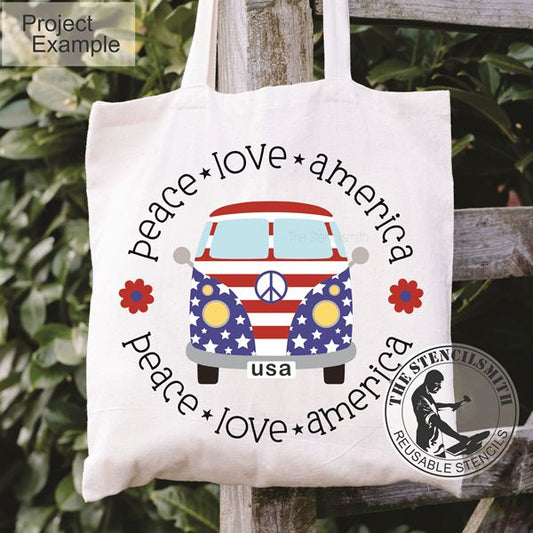 10039 Peace Love America Hippie Van Stencil