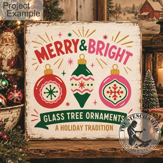 10787 Merry & Bright Glass Tree Ornaments Stencil