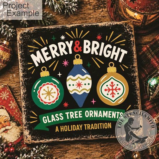 10787 Merry & Bright Glass Tree Ornaments Stencil - The Stencilsmith