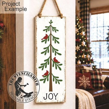 10815 Joy Pine Tree & Cardinal Stencil - The Stencilsmith