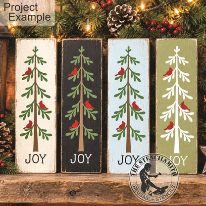 10815 Joy Pine Tree & Cardinal Stencil - The Stencilsmith